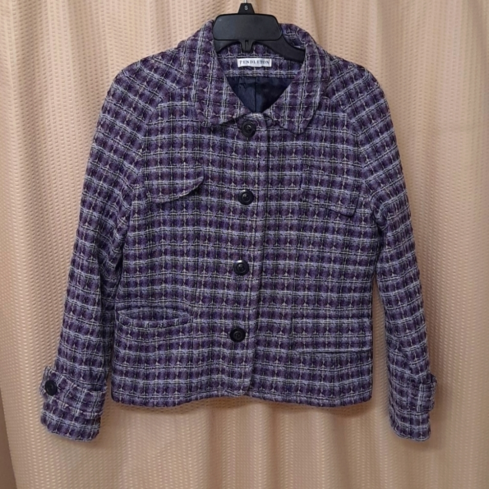 Pendleton Purple Plaid Button 100% Virgin Wool Coat Preppy School Girl APPROX SM
